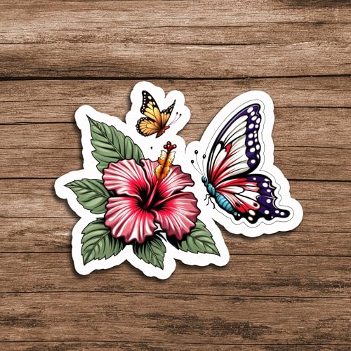 Image of Butterfly Hibiscus Flower Sticker 5 Inch - Tropical Floral Vinyl Decal, Waterproof Aesthetic Butterfly Flower Sticker for Laptop Water Bottle Car Bumper Notebook