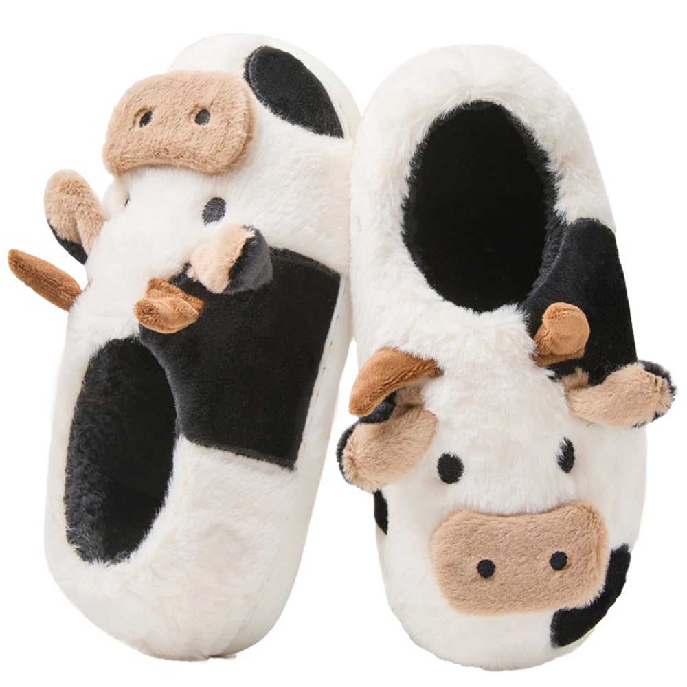 Coswind Kuh Hausschuhe Damen Herren Plüsch Pantoletten Winter Weiche Warme Bequeme Flauschige Tiere Leichte Kuschel Rutschfeste Cozy Geschlossen Lustige Schuhe