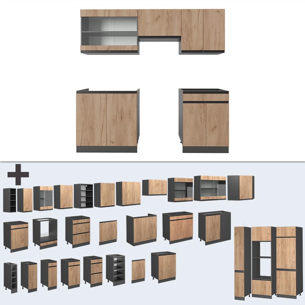 Vicco Küchenzeile R-Line, Goldkraft Eiche/Anthrazit, 200 cm