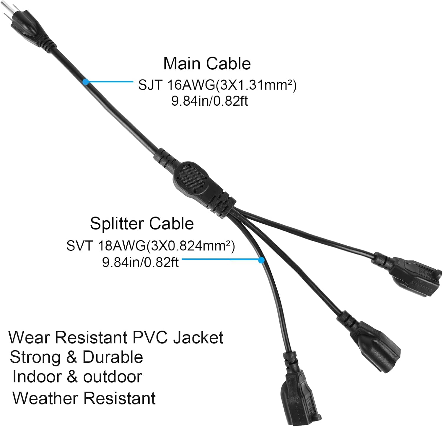 3 Prong 1 to 4 Outlet Power Cord Splitter Cord, 1.6FT 16AWG 10A/1250W, NEMA 5-15P to 3X NEMA 5-15R Y Style 3-Outlet Extension Cord for Home, Room, Office (Black)
