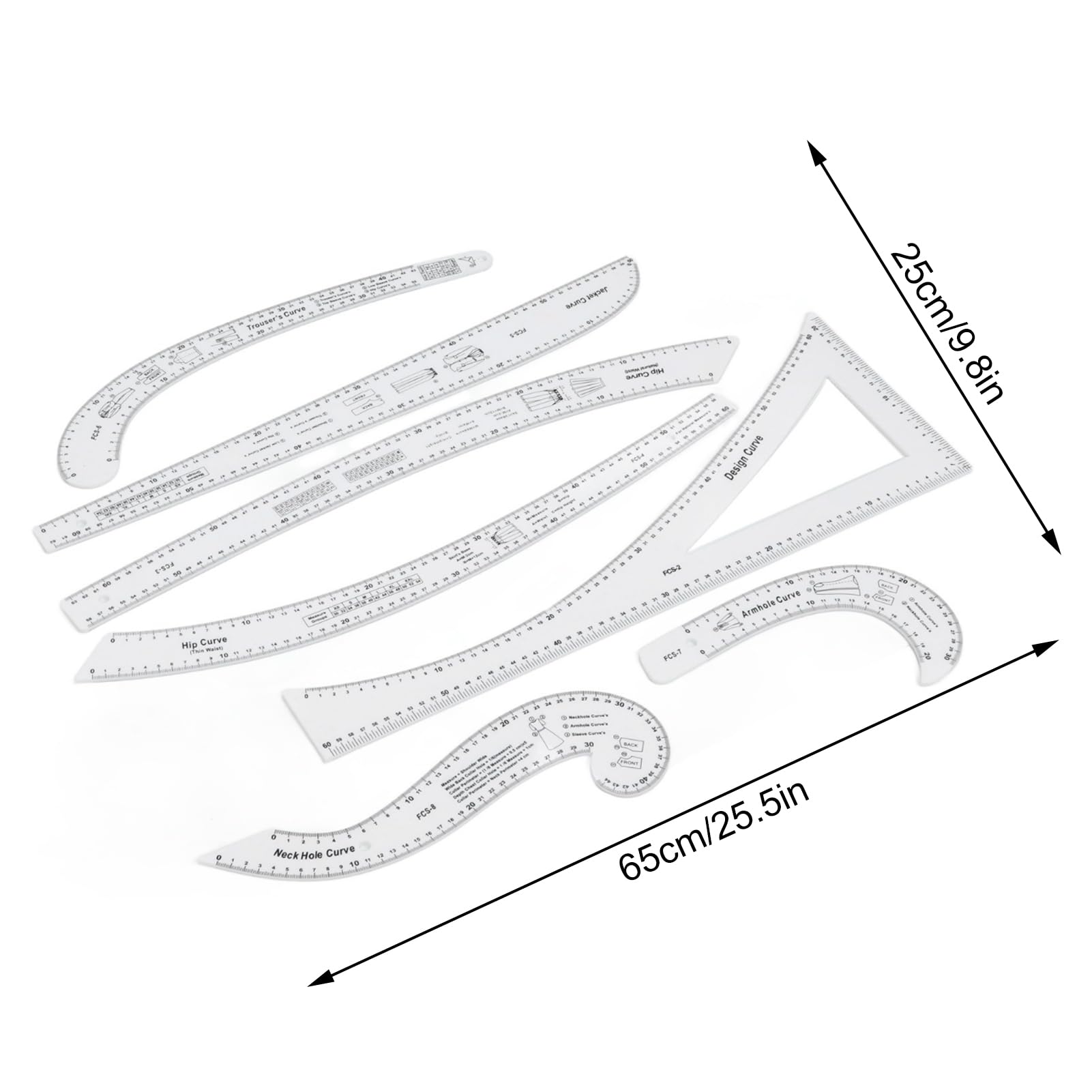 7pcs Set di righelli di Cucitura Trasparente, Righello della Curva Cucito Acrilico per la Realizzazione di Motivi, Produttore di Motivi, Modelli di Cucito