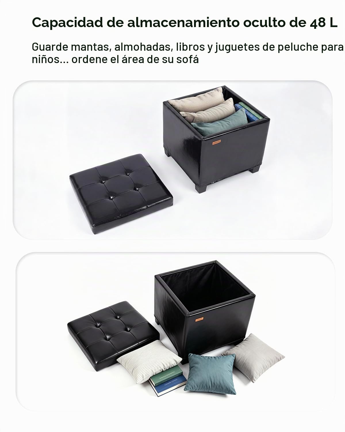 ABHENG Puff Cuadrado Taburete almacenaje Estructura de Acero con Revestimiento de Cuero sintético,Soporta 350 kg,48 litros de Capacidad,Reposapiés con Tapa y Extraíble Patas Negro ASND63B