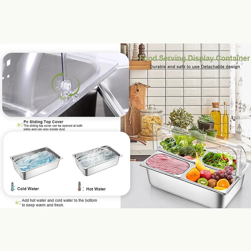 Contenedor expositor de hielo para mostrador, de acero inoxidable Dispensador de condimentos refrigerado con tapa enrollable transparente para buffets, restaurantes y hoteles