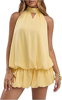 Women's Cut Out Tie Backless Halter Dresses Ruffle Mini Bubble Dress