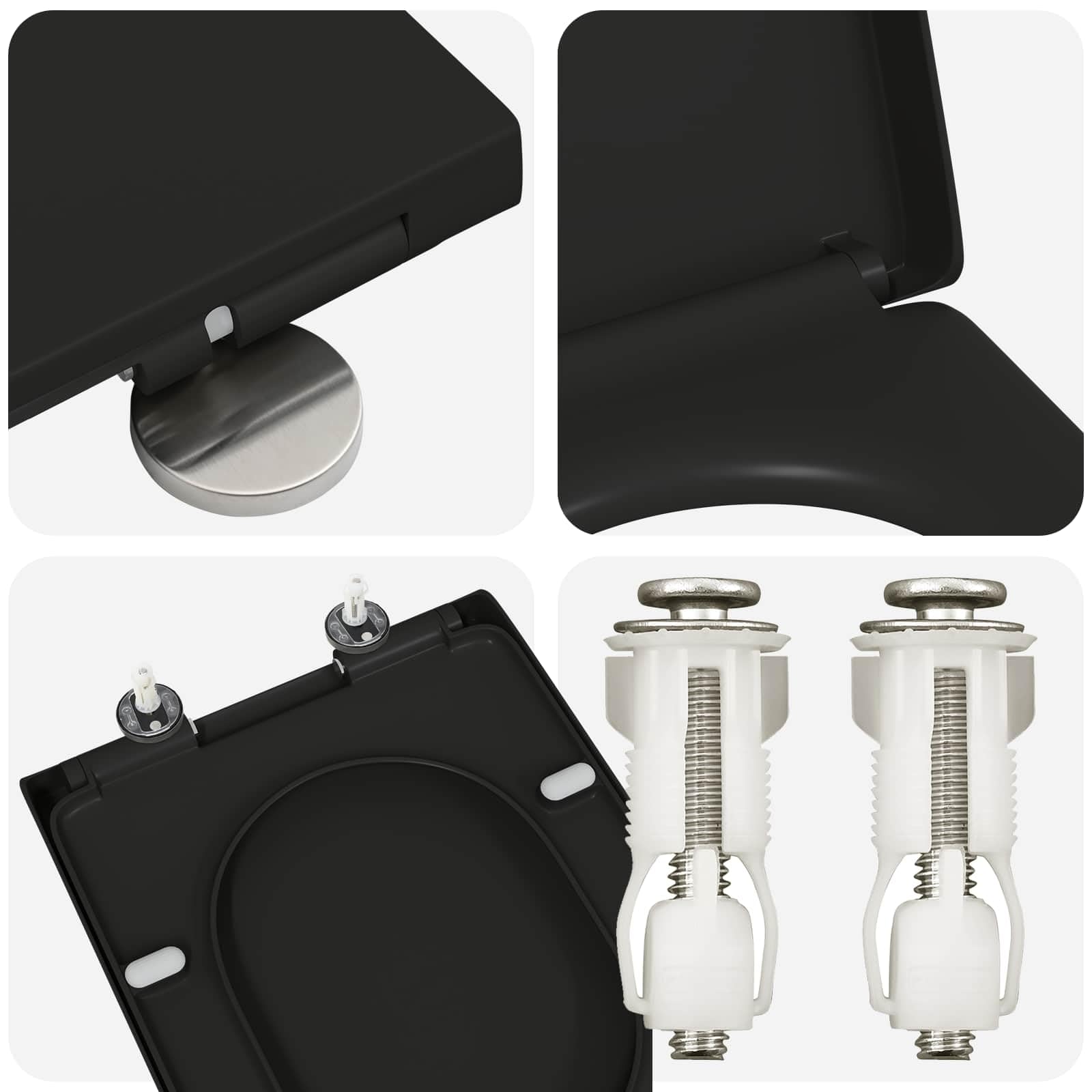 Sedile WC nero, 49 x 36 x 4 cm, in duroplast, con cerniera a abbassamento automatico, per bagno, appartamento, ospiti, WC di ricambio, ristrutturazione