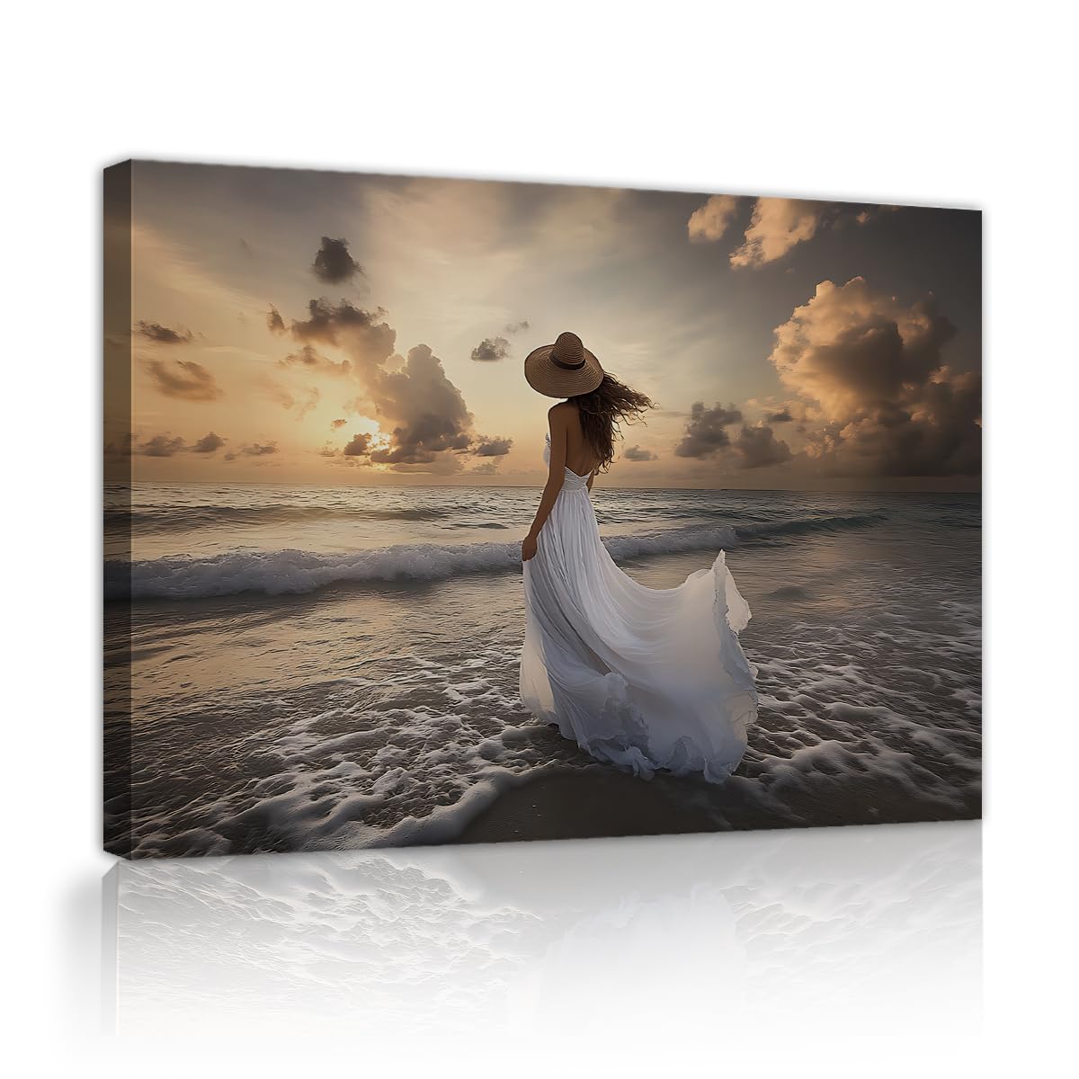 CHERHERART Canvas Wall Art Artwork Modern White Dress Woman Sunset Beach Canvas Picture for Living Room Bedroom Ocean Waves Poster Prints 25x40cm Innerframe