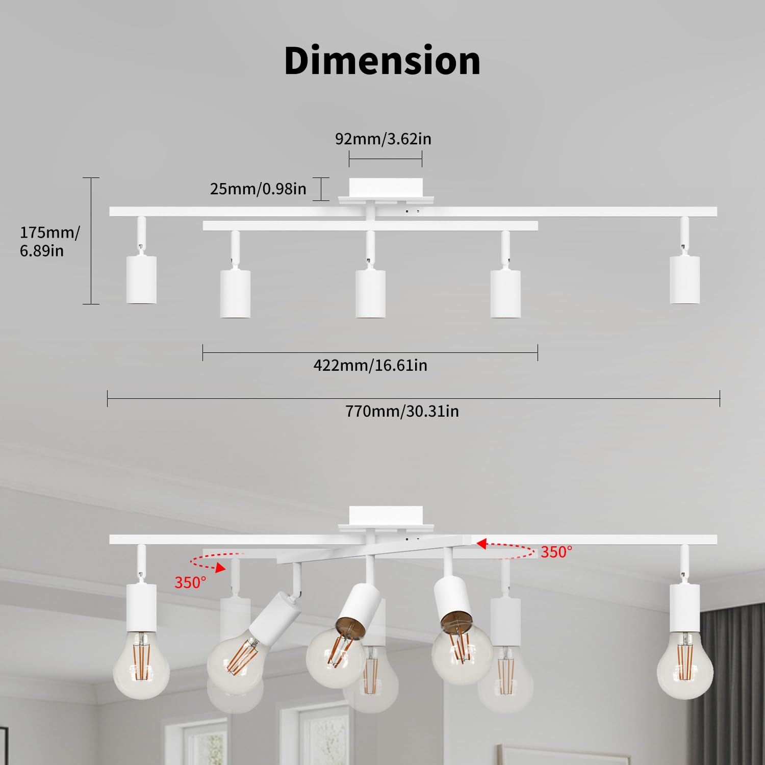 LVWIT Lámpara de Techo Blanco Orientable, Lampara Cocina Techo con 5 Focos E27, Moderno Plafones de Techo Ajustables y Giratorios, Plafón Foco de techo LED Para Salón, Dormitorios (Sin Bombilla)