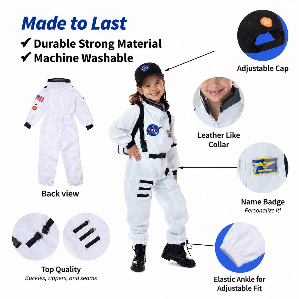Born Toys Costume da Astronauta Premium per Bambini dai 3 ai 7 Anni con Borsa NASA e Cappello Bianco
