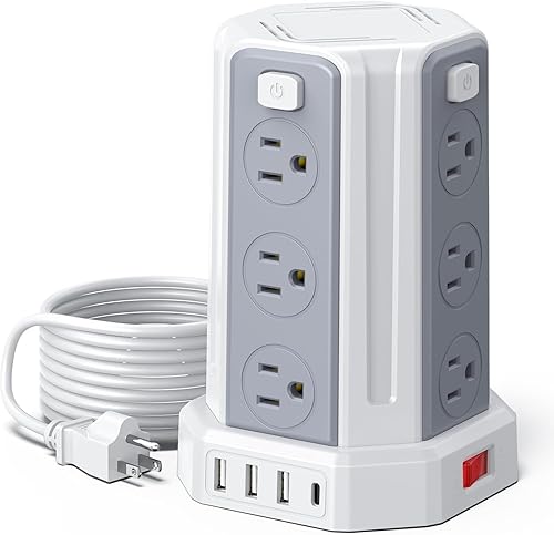 Regleta de alimentación con protector contra sobretensiones, cable de extensión de 10 pies con 12 tomacorrientes múltiples de CA, 4 USB (1 USB C),