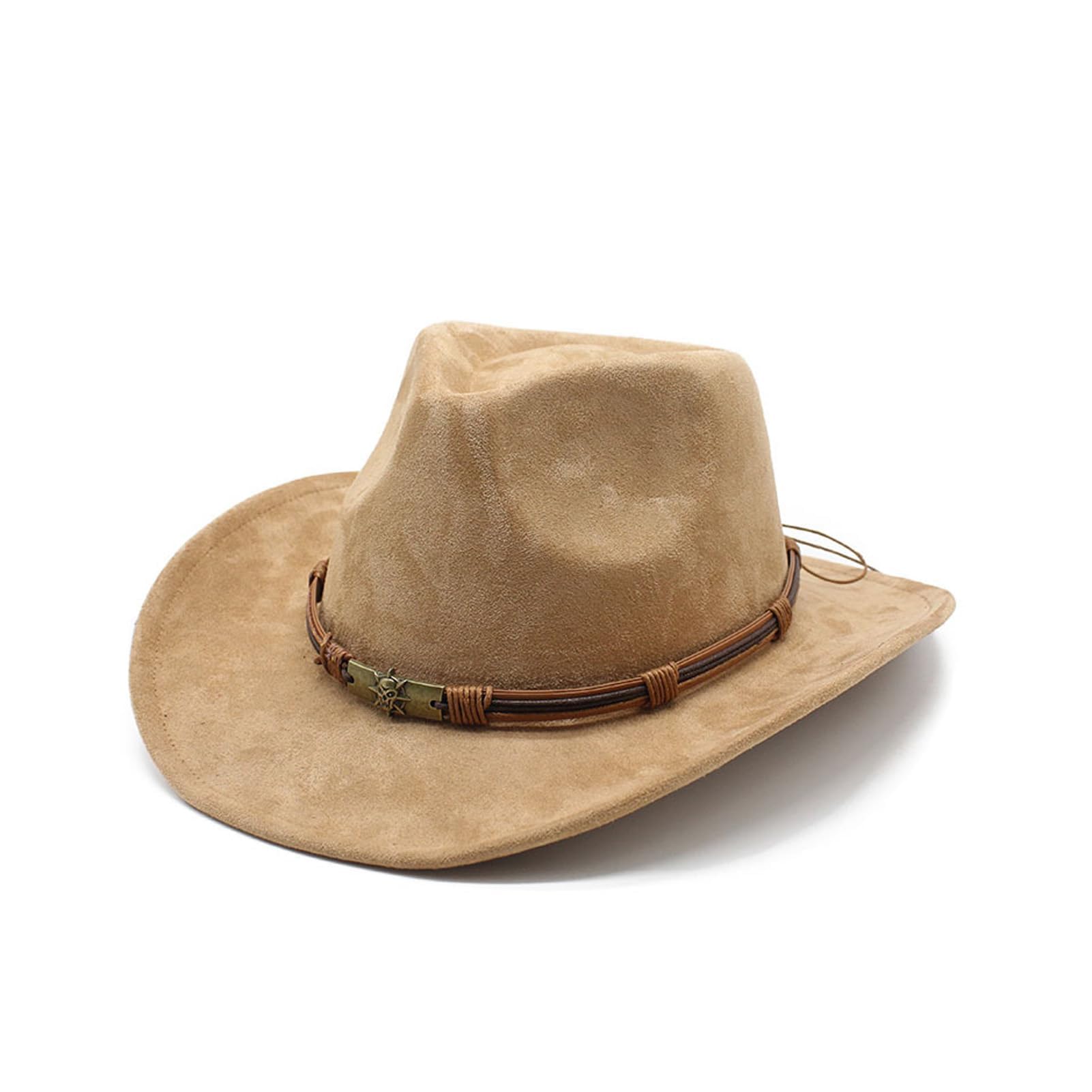 MYKAGS Chapeau de Cowboy Classique pour Les Hommes et Les Femmes, Chapeau en Daim extérieur Large Bordure, Chapeau de Cowboy Brun à la Mode avec Bande en métal crâne Parfait pour Les fêtes (Chameau)