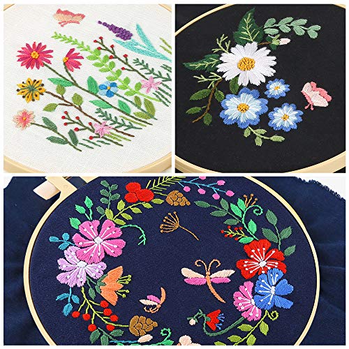 Caydo 3 Sets Cross Stitch Kits Forbeginners, Adults Including Embroidery Fabric With Floral Pattern, Embroidery Hoop, Thread And Tools #TOP5