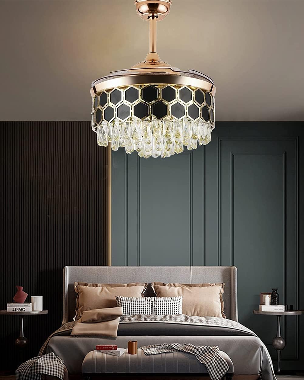 Fandelier Crystal Ceiling Fan Lights with Remote, Modern 42 Hidden Retractable Chandelier with 3 Colors 3 Speed Fan Chandelier Lighting for Bedroom Dining Living Room (Gold+Black)(DS-FH03)