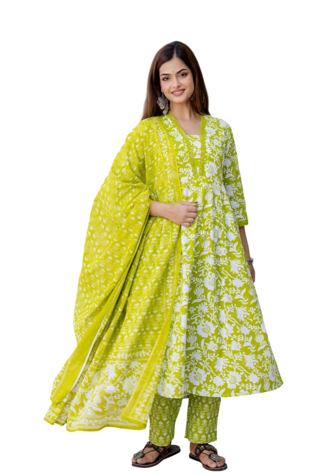 |Printed Anarkali Pure Cotton Kurta with Trousers & with Dupatta | Ethnic Set | Dupatta Set | Suit Set | Kurta Set | Wedding Suit Set-image-8