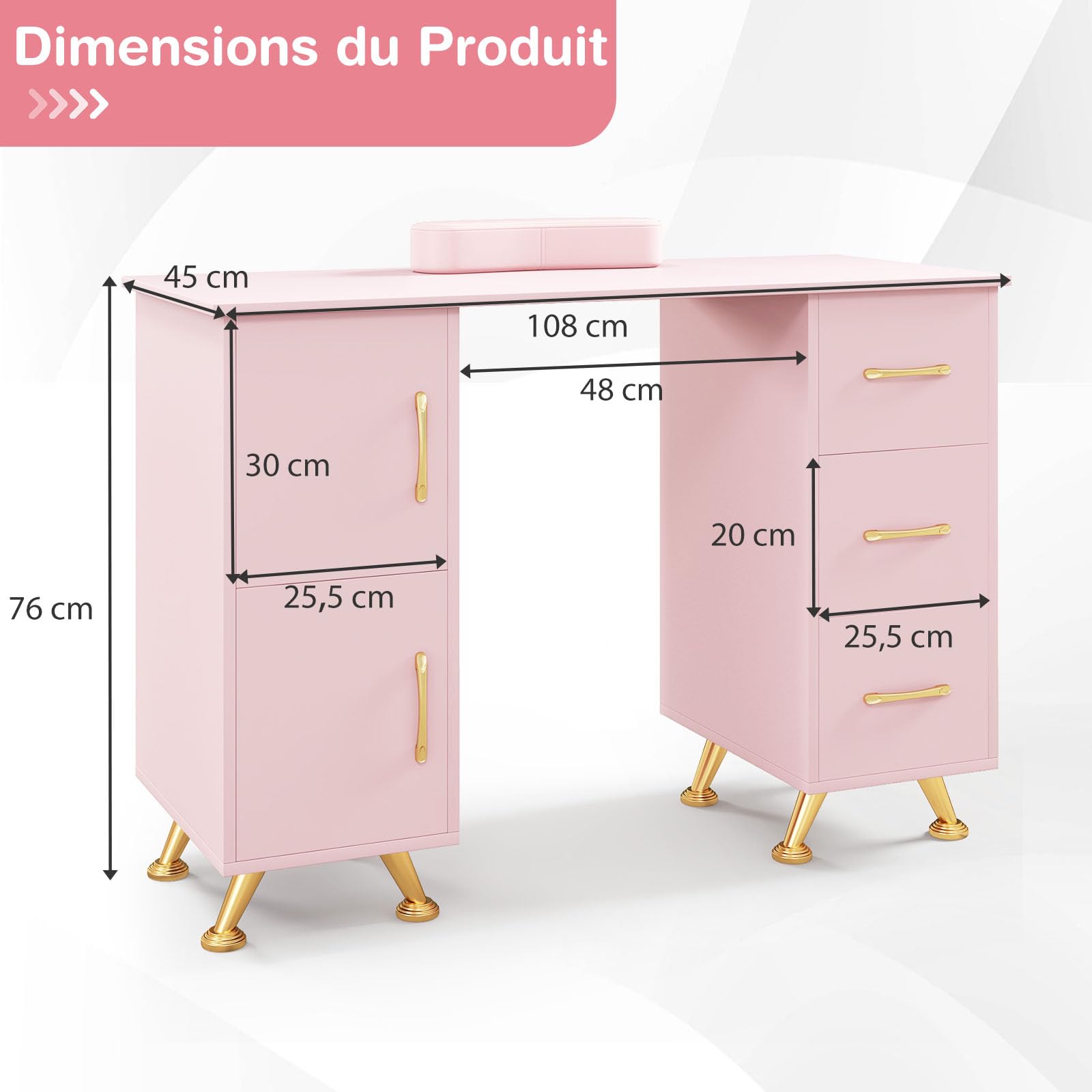 GOPLUS Table Manucure Professionnelle, 2 en 1 Bureau et Table Ongulaire, avec Repose-Poignet, 8 Pieds en Métal, 3 Tiroirs, 2 Armoires, Station de Travail en Bois, pour Salon de Beauté (Rose)