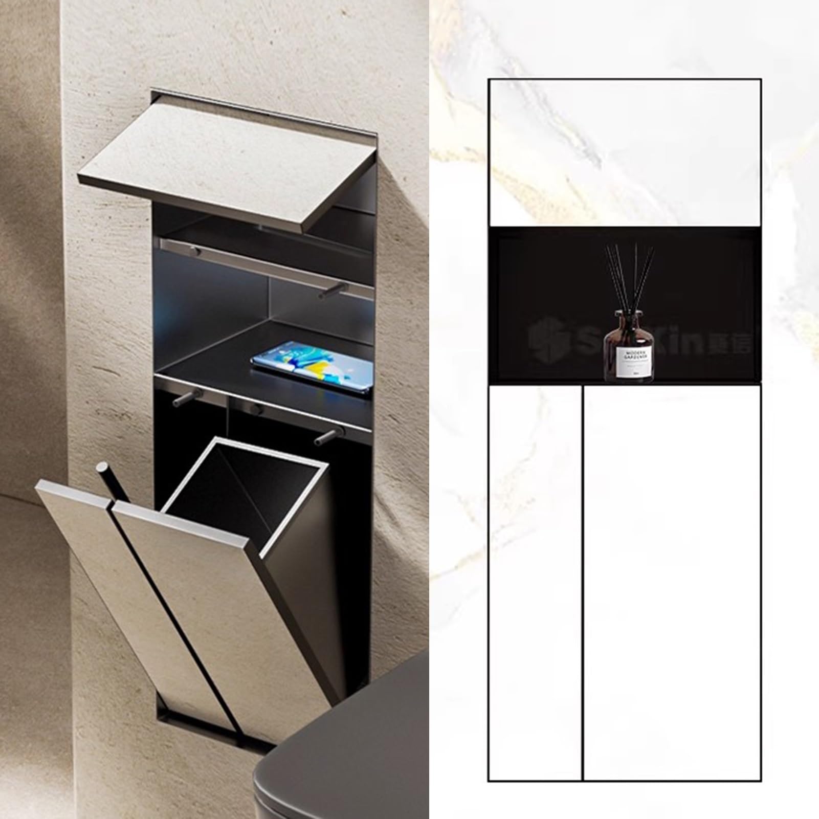 Nicho de Ducha Empotrable Portarrollos de Papel Higiénico Empotrado con Repisa para Teléfono, Nicho para Papel Higiénico de Pared para Azulejos, Porta Rollos de Papel y Papelera