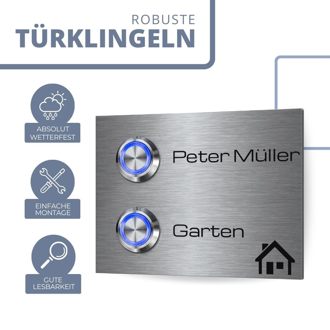 2 Fach Türklingel Doppel-klingel mit zwei Tastern und Namen - Edelstahl Klingelplatte Modell Twin ab 9x7 cm für 2 Familien | Optional mit beleuchteten Klingelknöpfen