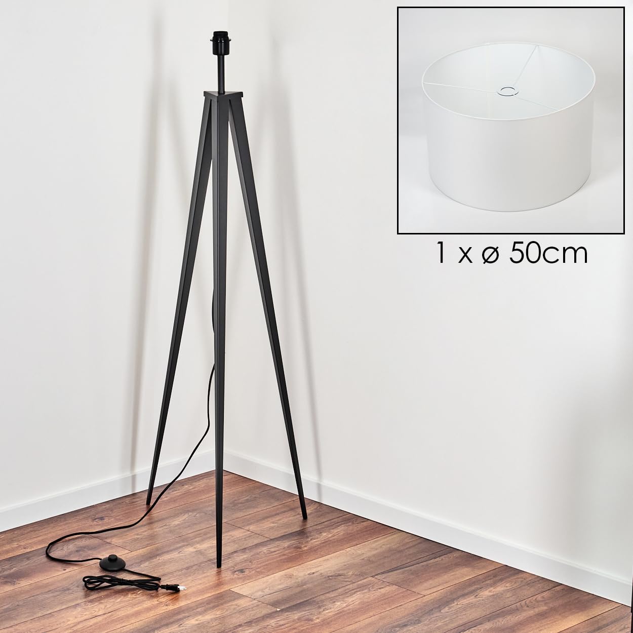 HOFSTEIN Stehleuchte Flemming, Stehlampe aus Metall/Stoff in Schwarz/Weiß, Leuchte im Boho-Style, skandinavisches Design (Ø 50 cm), Höhe 162 cm, mit Fußschalter, 1 x E27, ohne Leuchtmittel