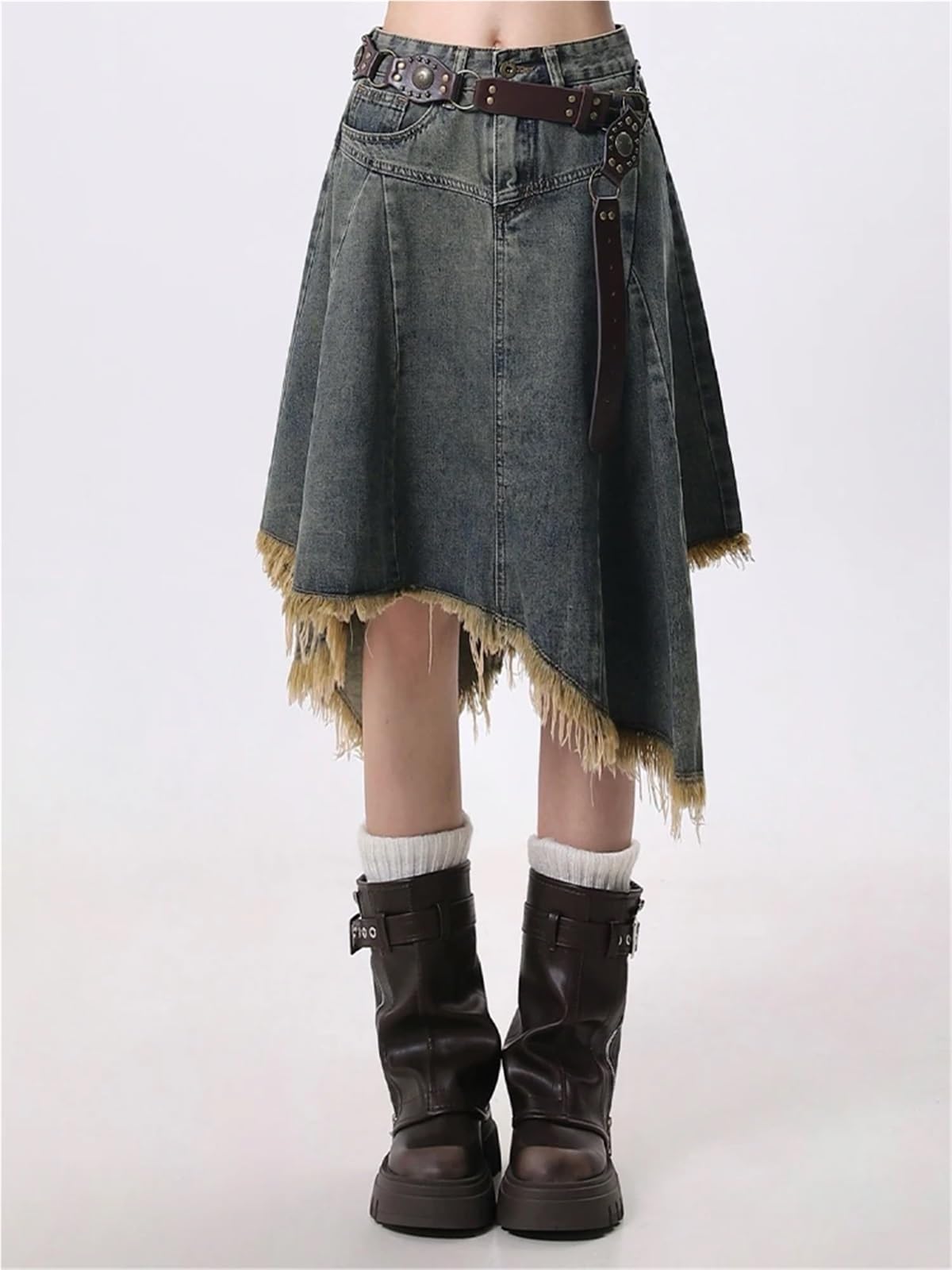 Gonna longuette da donna estiva irregolare in denim a trapezio