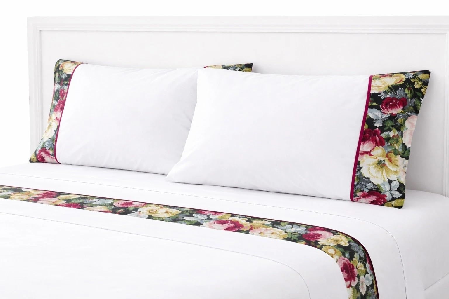 Riviera Home Collection Completo Letto Matrimoniale Mod. GEISHA, Lenzuola 100% Puro Cotone Bianco con Balza Floreale in Tessuto Jacquard, 4 Pezzi