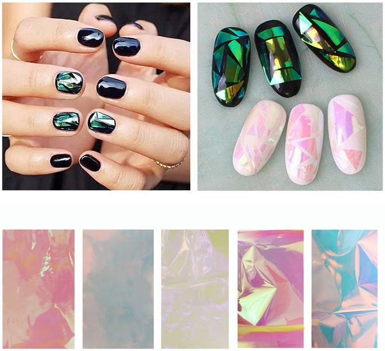 New 5 colors Holographic Shiny Laser Nail Art Foils Paper Candy Colors Glitter Glass Nail Sticker Decorations Mixed Color Reflective Mirror Design Glass Piece Broken Nail Sheet