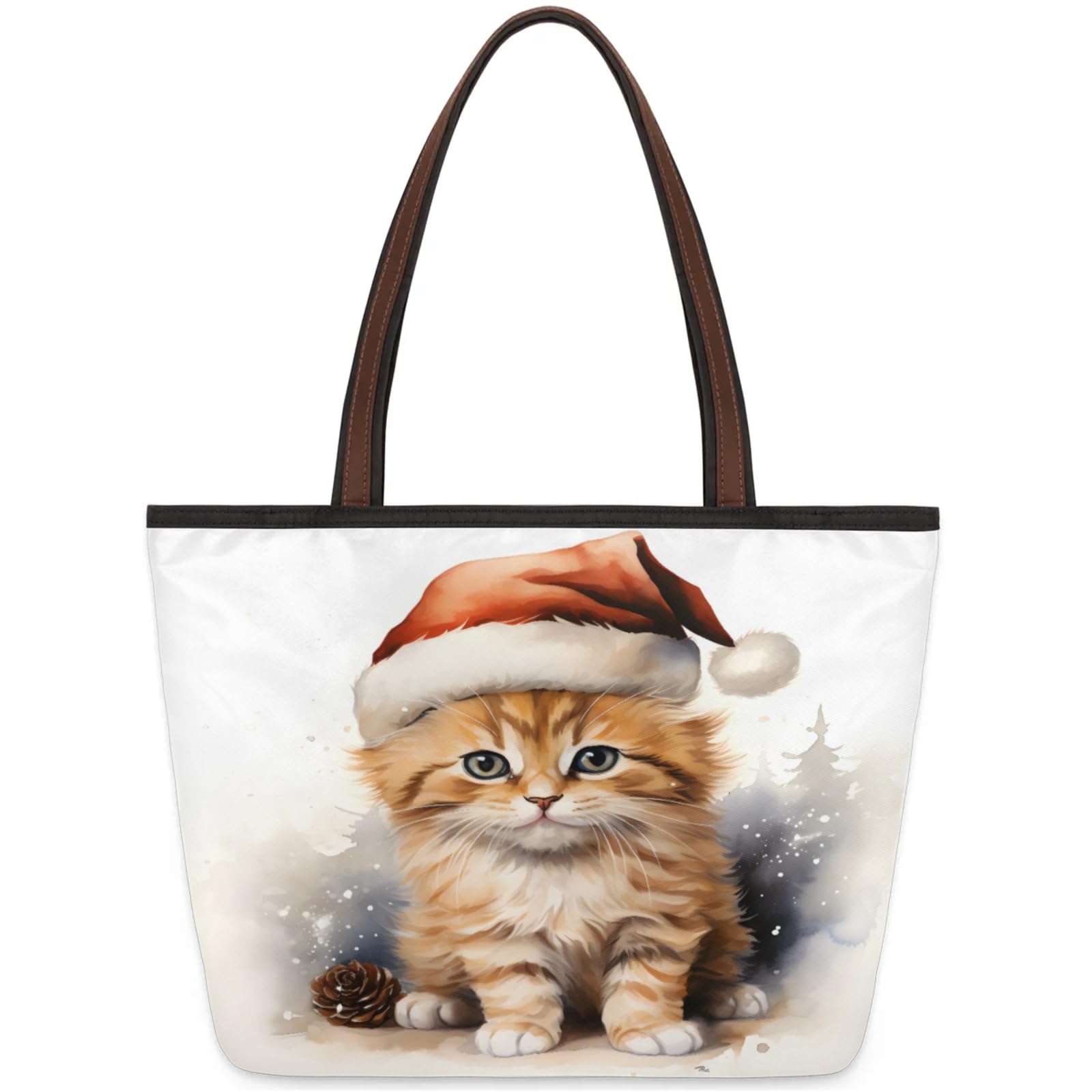 Santa Cat Watercolour Tote Bag Multi Pocket Zippered Beach Bag Lightweight Waterproof Handbag for Women Men Work Gym Travel Swimming Yoga Grocery Shopping M