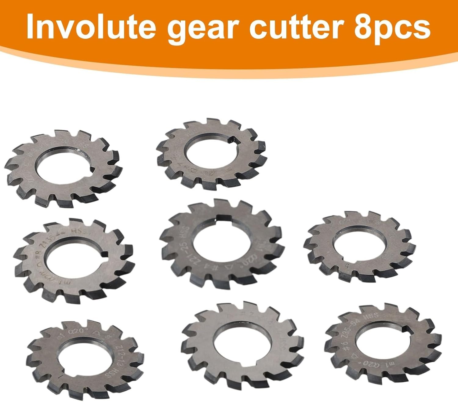 8Pcs HSS M1 Diameter 22mm PA20° Involute Gear Cutters Set with Pressure Angle 20 Degree for 12-135+ Teeth Metalworking Manufacturing