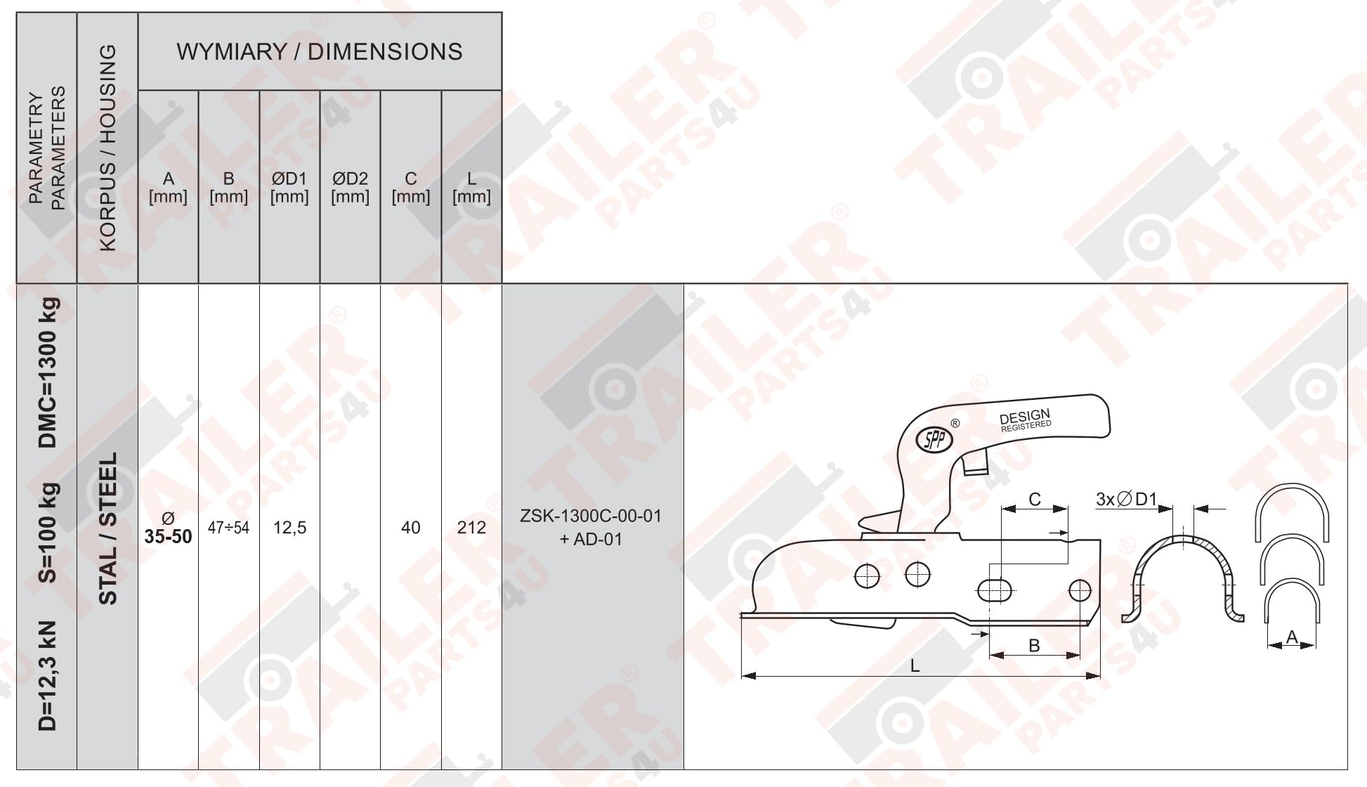 SPP Acoplamiento de bola universal hasta 1300 kg TIPO ZSK 1300 C 35-50 mm tubo redondo perforación 12/12 mm horizontal y cruz