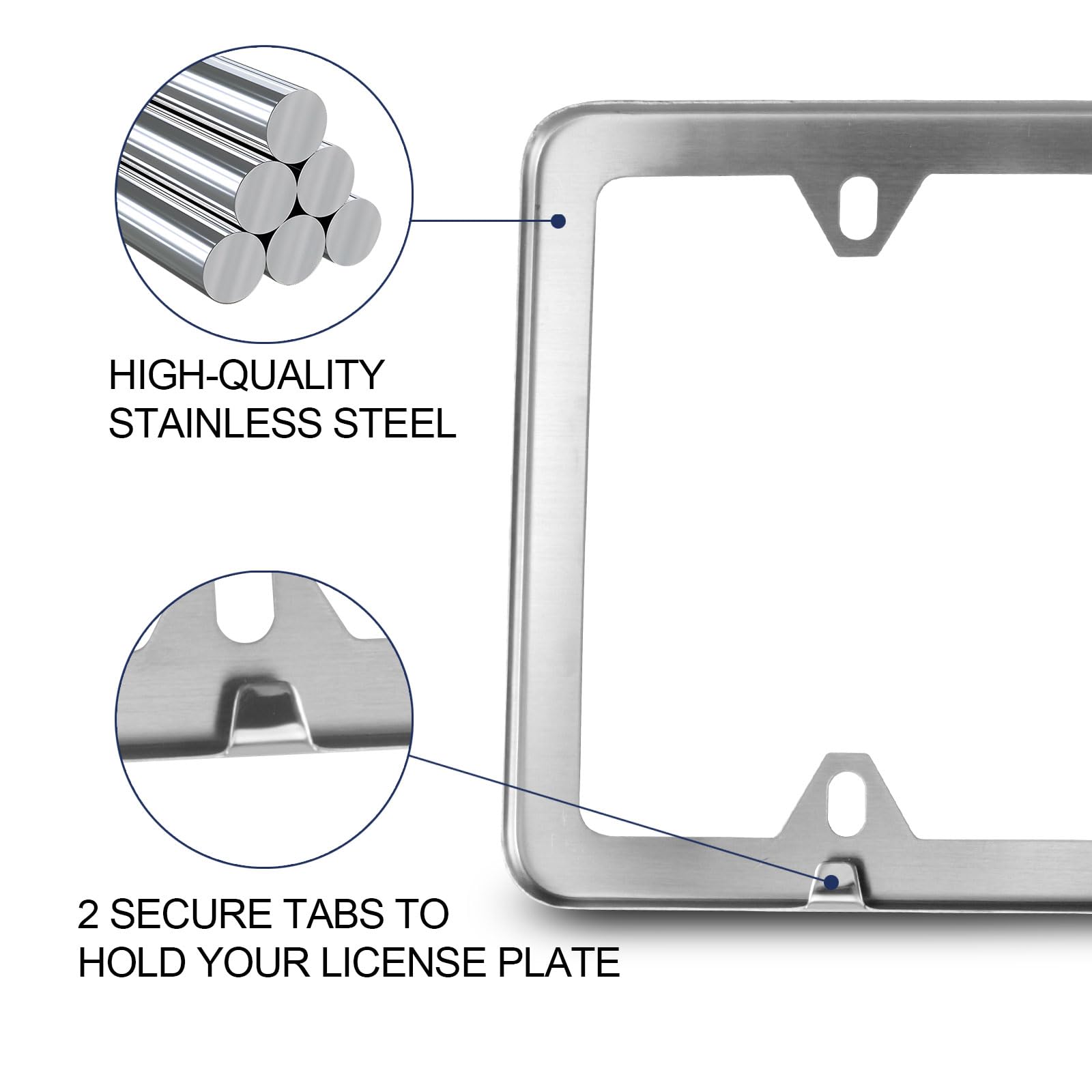 Stainless Steel License Plate Frames Silver Fit Standard US License Plate 4 Holes Rustproof License Plate Holders with Chrome Screw Caps, 2pcsQQ