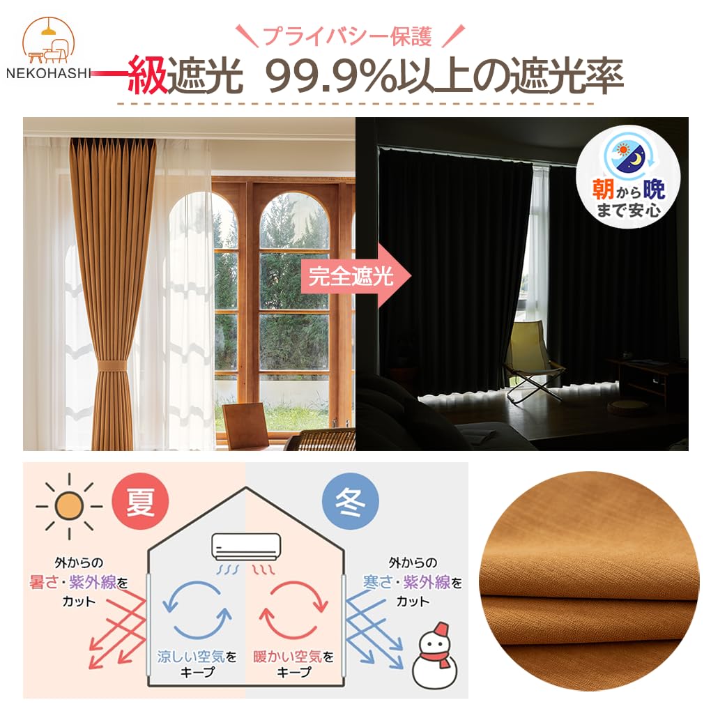 Amazon｜NEKOHASHI 遮光カーテン 1級 小窓 4枚セット 170cm丈 100cm幅