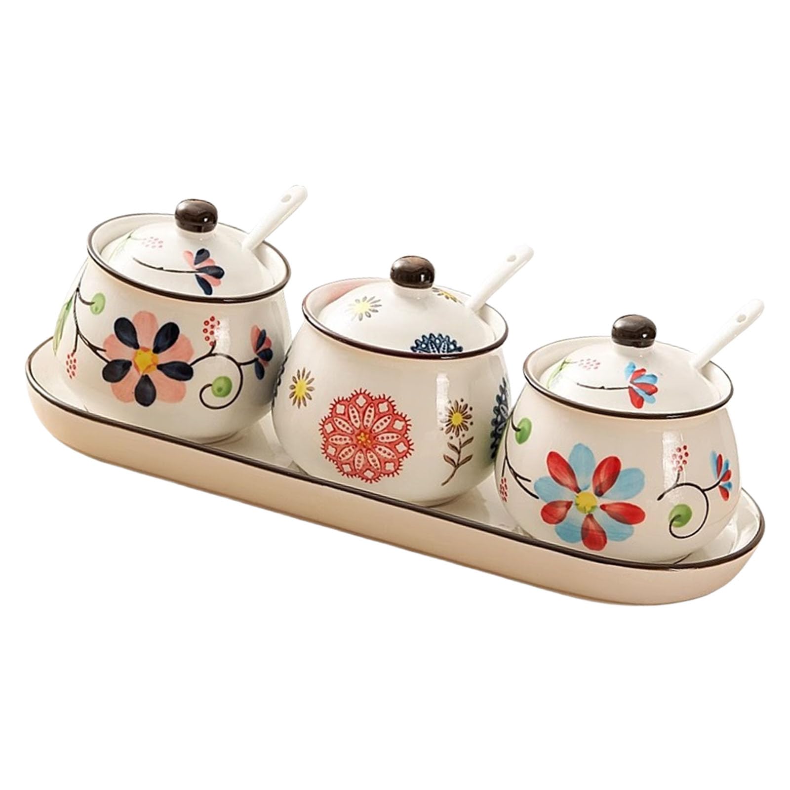 Msioytog Of 4 Underglaze Ceramic Seasonings Jars with Tray and Spoons Elegant Kitchens Storage for Salt Sugar Pepper Seasonings Underglaze Ceramic Set