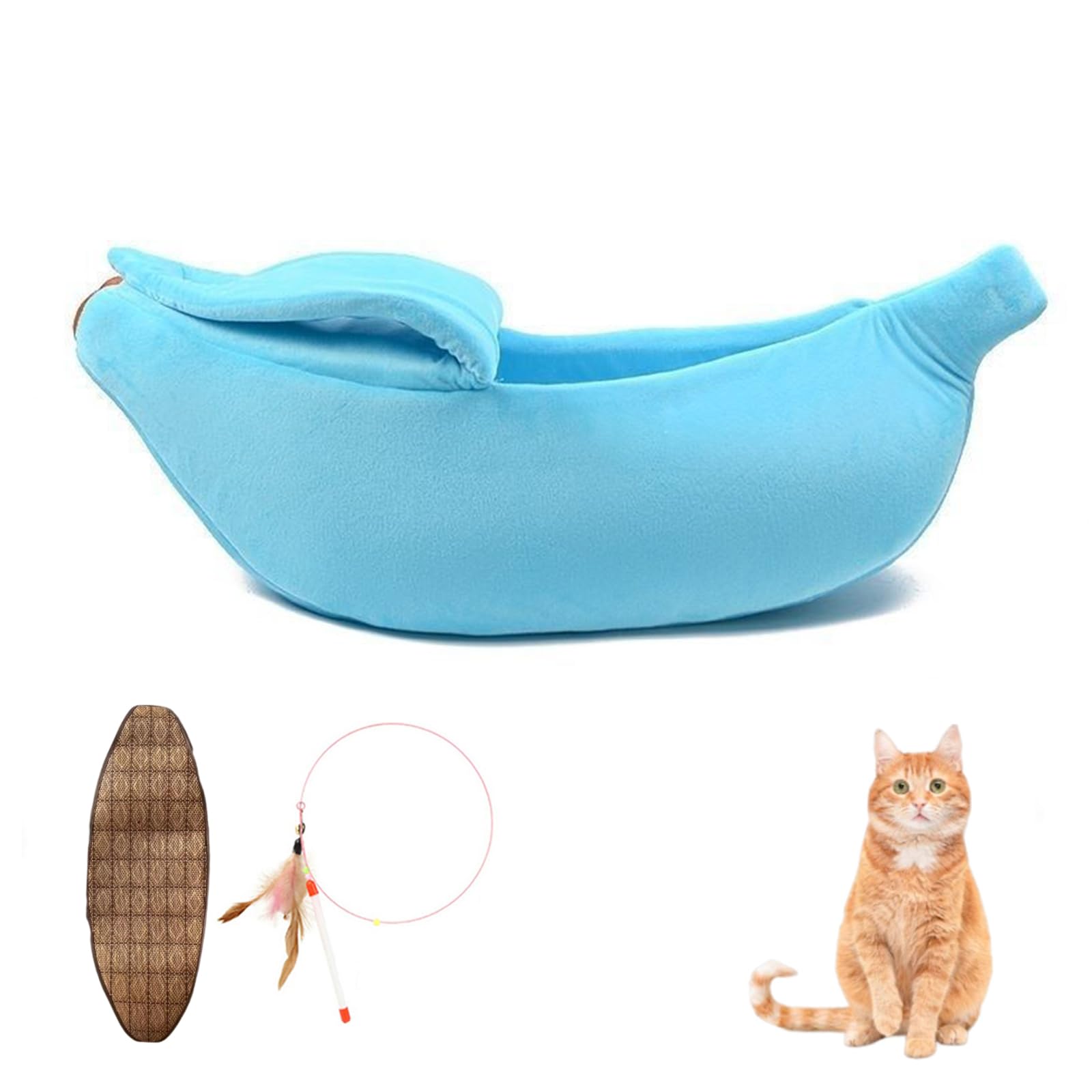 Banana Bed for Cats, Creative Banana Shape Pet Bed, Cute Breathable Cozy Warming Pet Sofa Bed for Cats Small Dogs Universal in All Seasons (Blue+Cooling Mat, 55 * 20 * 15cm)