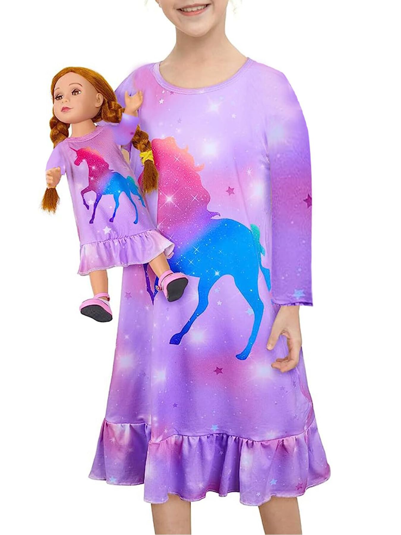 Bow Dream Girl Dress and Matching American Girl Doll Clothes for Girls Cartoon Lavender Blue
