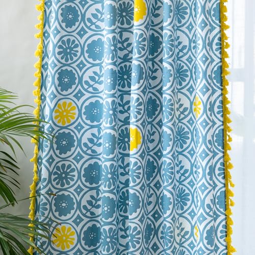 Image of Tranquebar Curtain Co. 152 cm (5 Feet), Blue & Yellow Geometric Print, 1 Piece, 100% Cotton Fabric,Eyelets- Window Curtain 5 Feet
