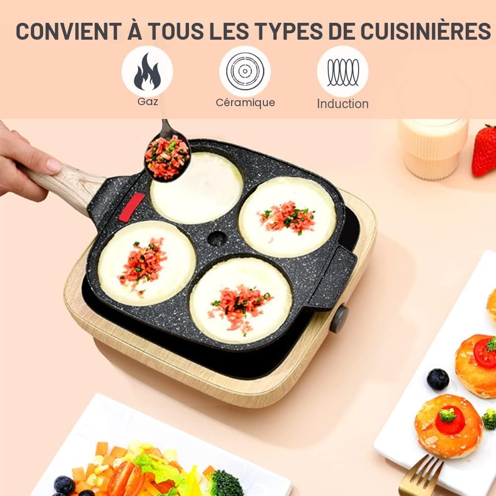 Poêle à 4 Emplacements, Poêle à Pancakes et Omelette Antiadhésive en Aluminium pour Petit-déjeuner Oeuf Au Plat Hamburger, pour Cuisinière à Gaz et Induction (Noir)