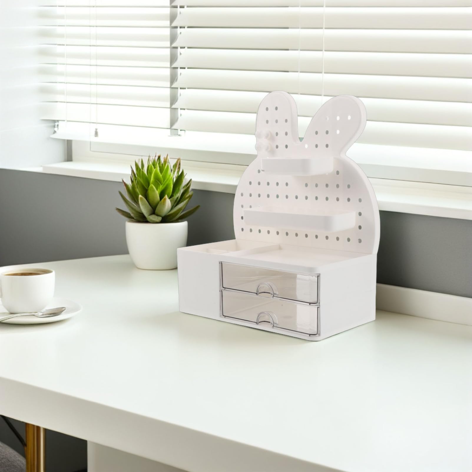OUNONA Organizador de Cajones de Escritorio con Forma de Conejito para Tablero Perforado, Estante de Almacenamiento de Papelería con Cajón y Diseño Multilayer para Oficina o Dormitorio