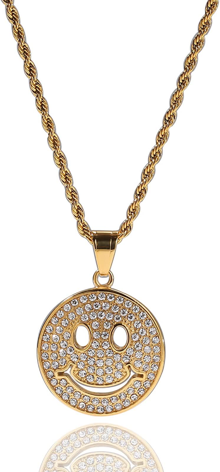 MAFYU Smiley Emoji Stainless Steel Pendant Necklace Full of Rhinestones Hip Hop for Men, Women, Boys and Girls gold-one size