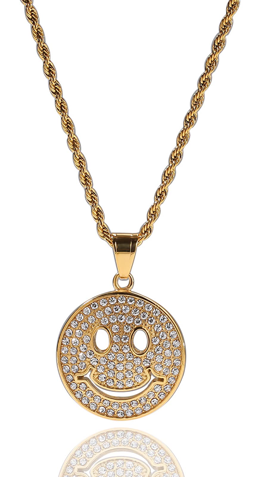 MAFYU Smiley Emoji Stainless Steel Pendant Necklace Full of Rhinestones Hip Hop for Men, Women, Boys and Girls gold-one size