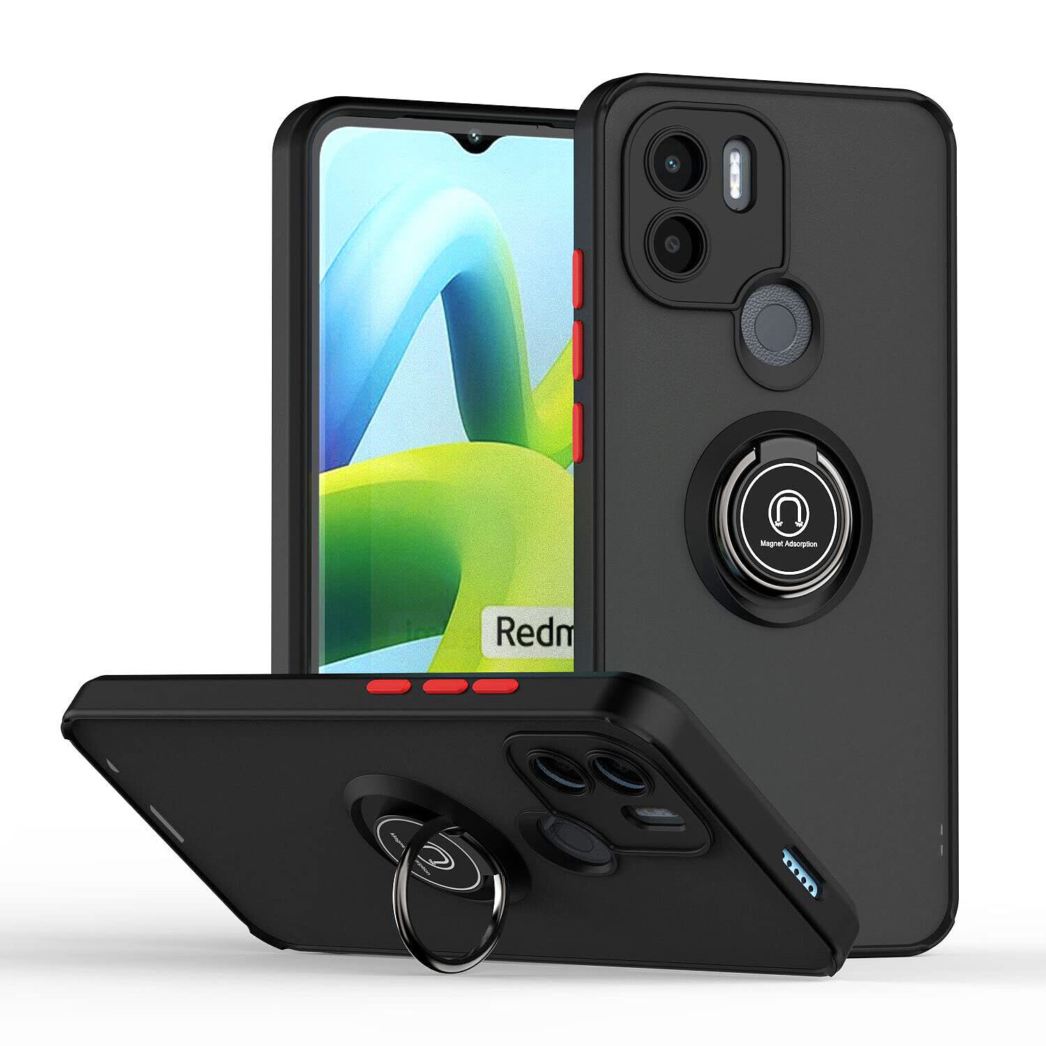 ZubitechCase For Xiaomi Redmi A1 Plus / A2 Plus Rotational Metal Ring Grip Kickstand Cover Magnetic Car Mount Holder Case Shockproof TPU Bumper for Xiaomi Redmi A1 Plus (Black)