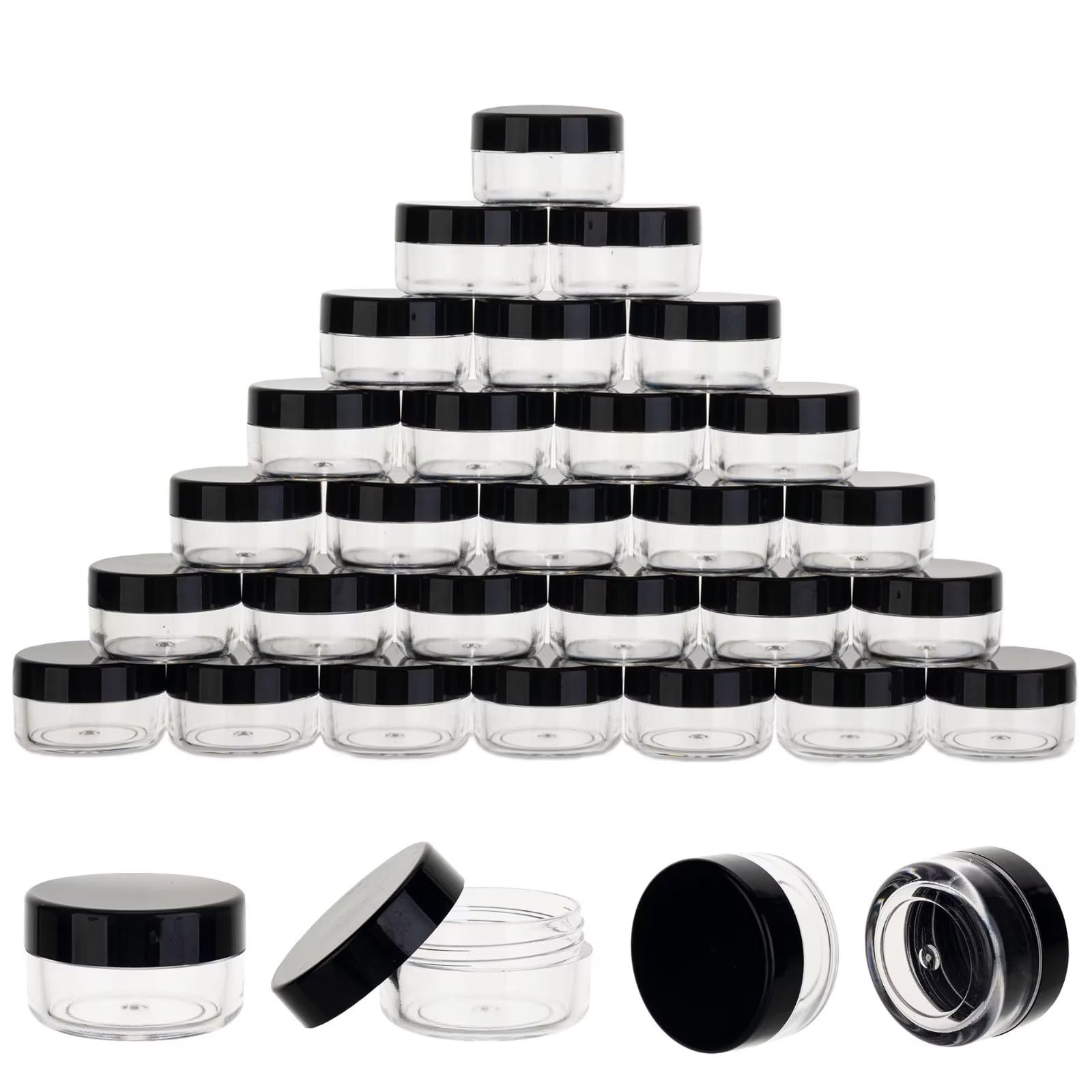 50 Count 5 Gram Sample Containers, Clear Lip Balm Containers with Lids, Small Plastic Sample Jars with 4 Mini Spoons, 50pcs Labels (Black Lid)