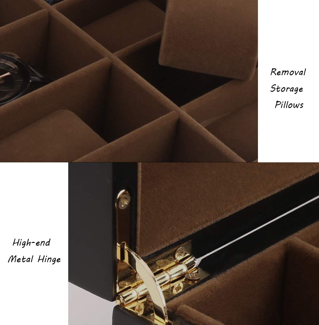 MUSUMI Caja de almacenamiento de reloj de 6 ranuras Joyero Pulsera Vitrina Interior de Madera con forro de flocado Suave con 6 cojines Cierre de Broche de Metal con tapa de vidrio