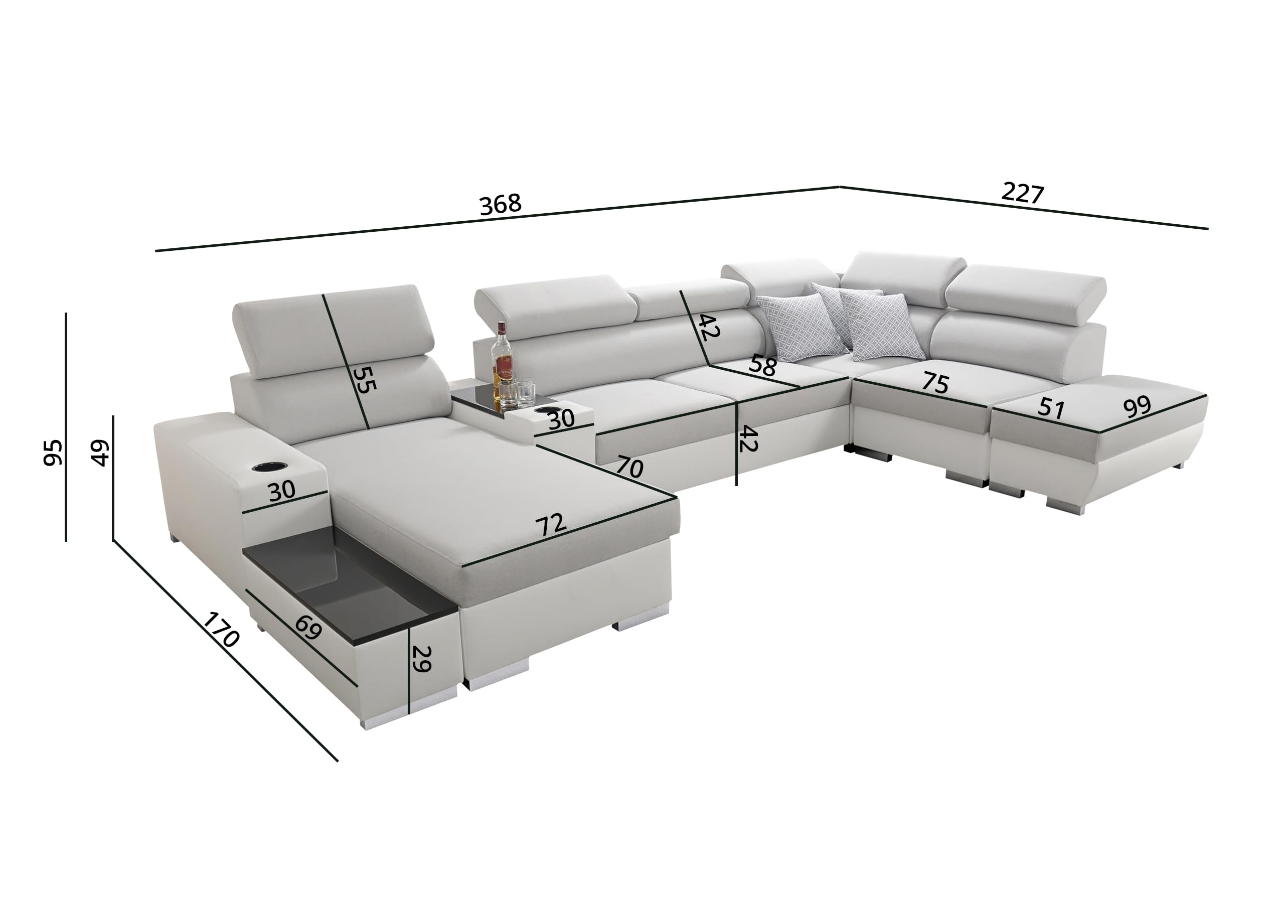 IM SOFA PERS V XXL Ecksofa U-Form mit Bettfunktion Wohnlandschaft Couch Wohnzimmer freistehend verstellbare Kopfstützen 3 Dekokissen modernes (Schwarz Sawana + Weißes Kunstleder, Links)