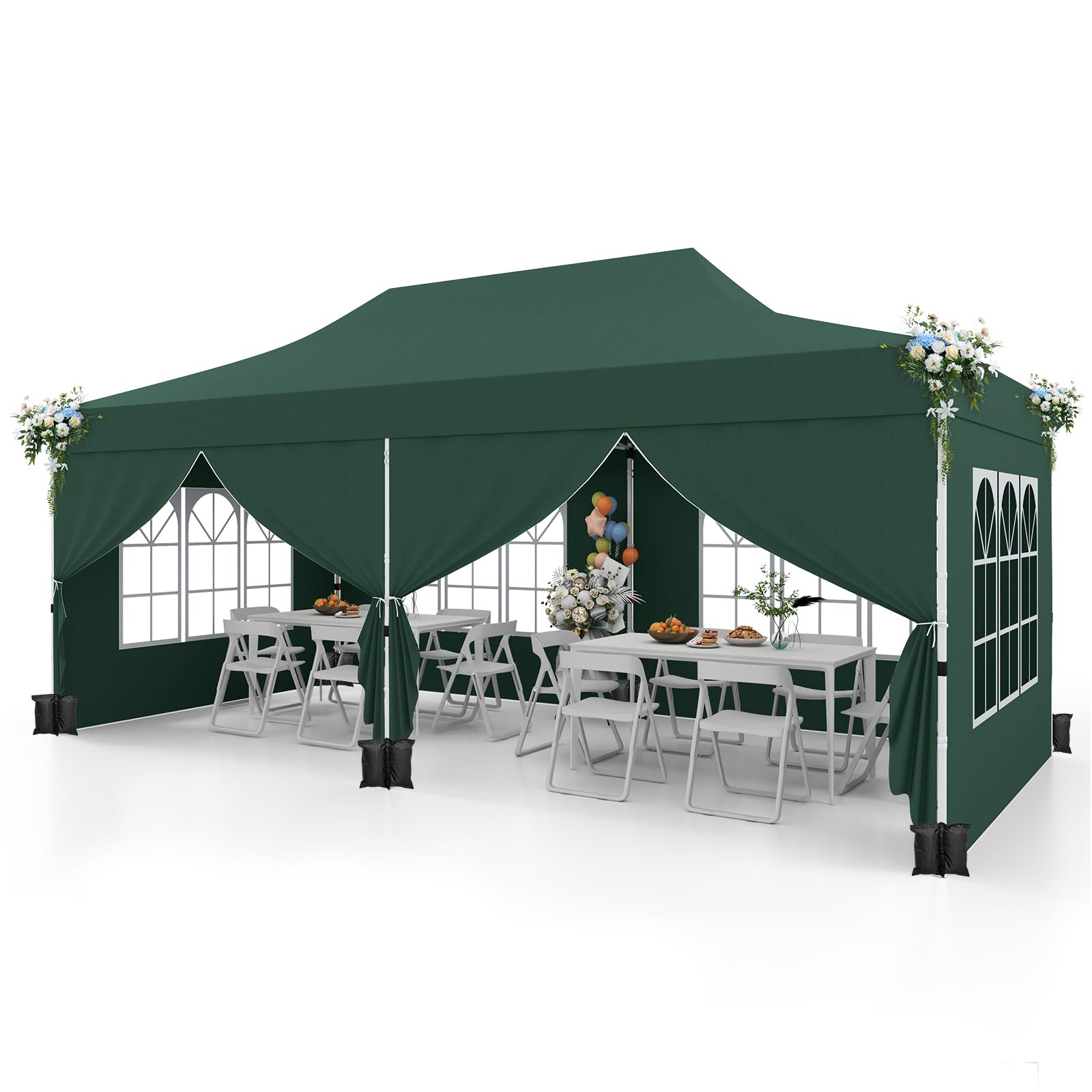 GYMAX 3 x 6 M Gazebo Pieghevole, Gazebo Esterno Resistente con 6 Parti Laterali Rimovibile, Tenda in Tessuto Oxford Impermeabile con Borsa, per Giardino, Campeggio (Verde)