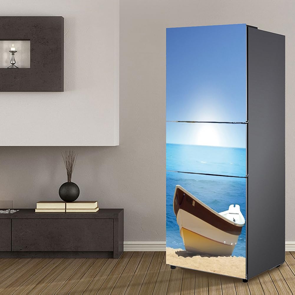 Targawerelax Fridge wraps kitchen fridge stickers cover full doors, fridge sticker full covering door fridge covers skins wall stickers for kitchen decal, Small boat moor on the seaside