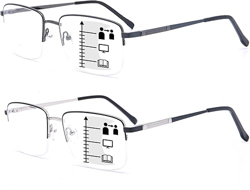 SOVCOD Paquete de 2 lentes de lectura multifocales progresivos de metal con medio marco multienfoque luz azul lector de computadora para hombres y