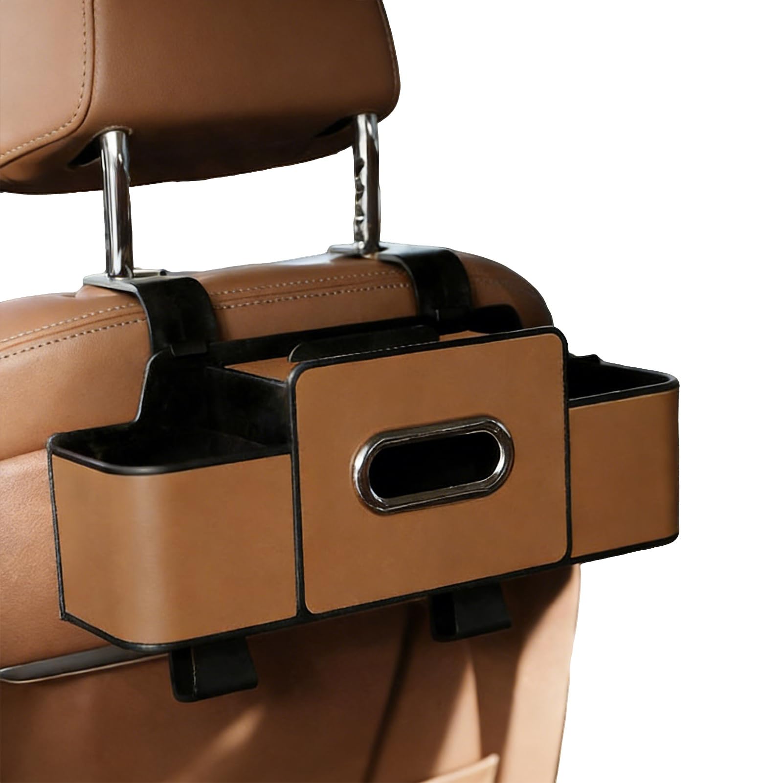 Glifora 3-in-1 Car Backseat Organiser - Multifunctional Back Seat Storage Box with 2 Cup Holders, Tissue Box and Hooks for Holding Phones, Snacks, Drinks and Handbags