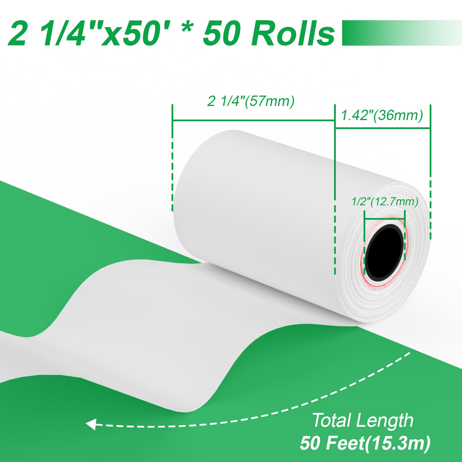 Rollos de papel térmico de 2 x 50 pies, 50 rollos de papel para recibos de tarjetas de crédito de 2 1/4 x 50 pulgadas, papel térmico prémium para recibos que se adapta a todas las impresoras térmicas