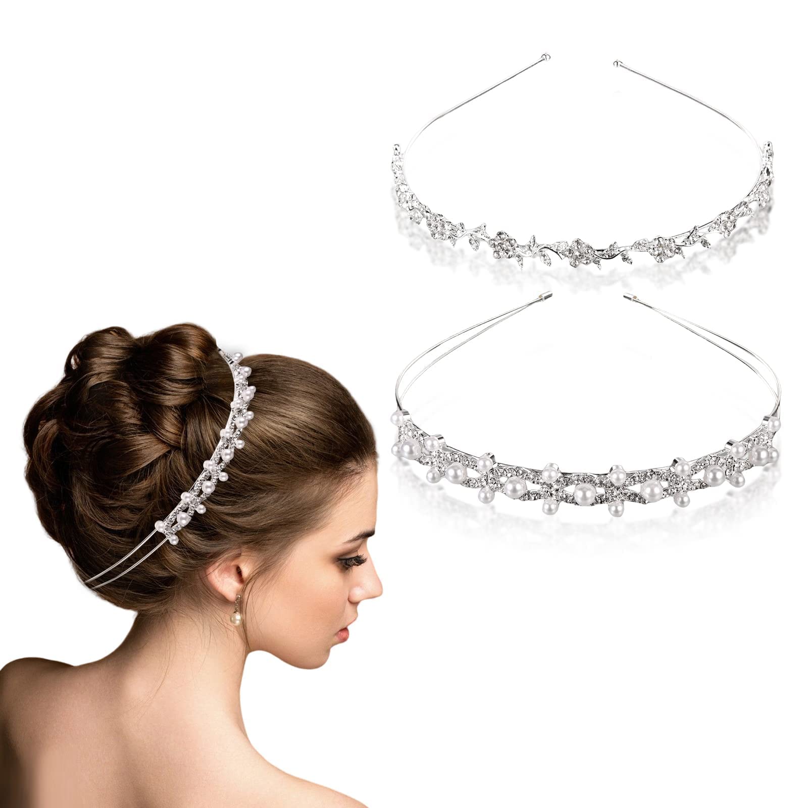 2 piezas de diadema de perlas de imitación para mujer, diadema brillante para fiesta, diadema de cristal para novia, corona de flores y hojas, damas de honor, mujeres y niñas
