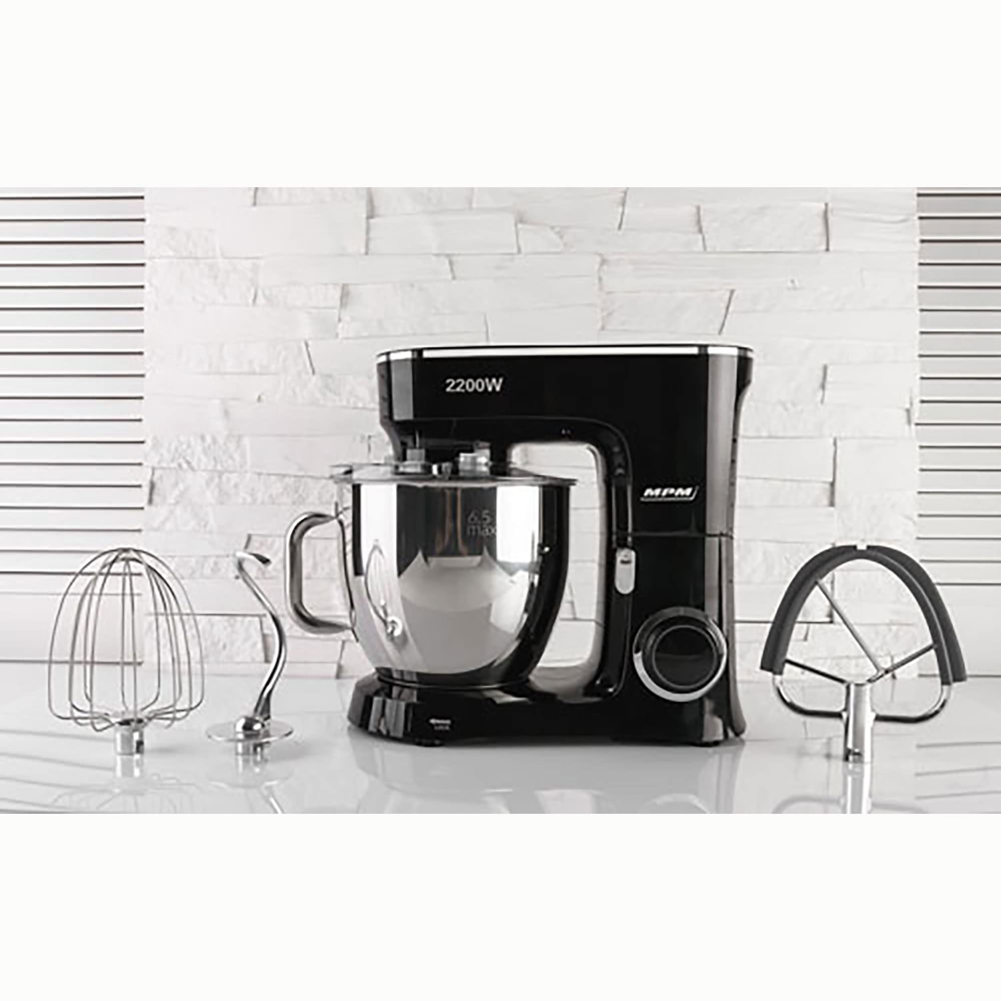 MPM Batidora Amasadora Repostería Profesional Robot Cocina Orbital 2200W Máx. 6,5L Bol Acero Inox, 6 Velocidades + Función Pulso, Sistema Planetario, 3 Accesorios+ Báscula, MRK-19B