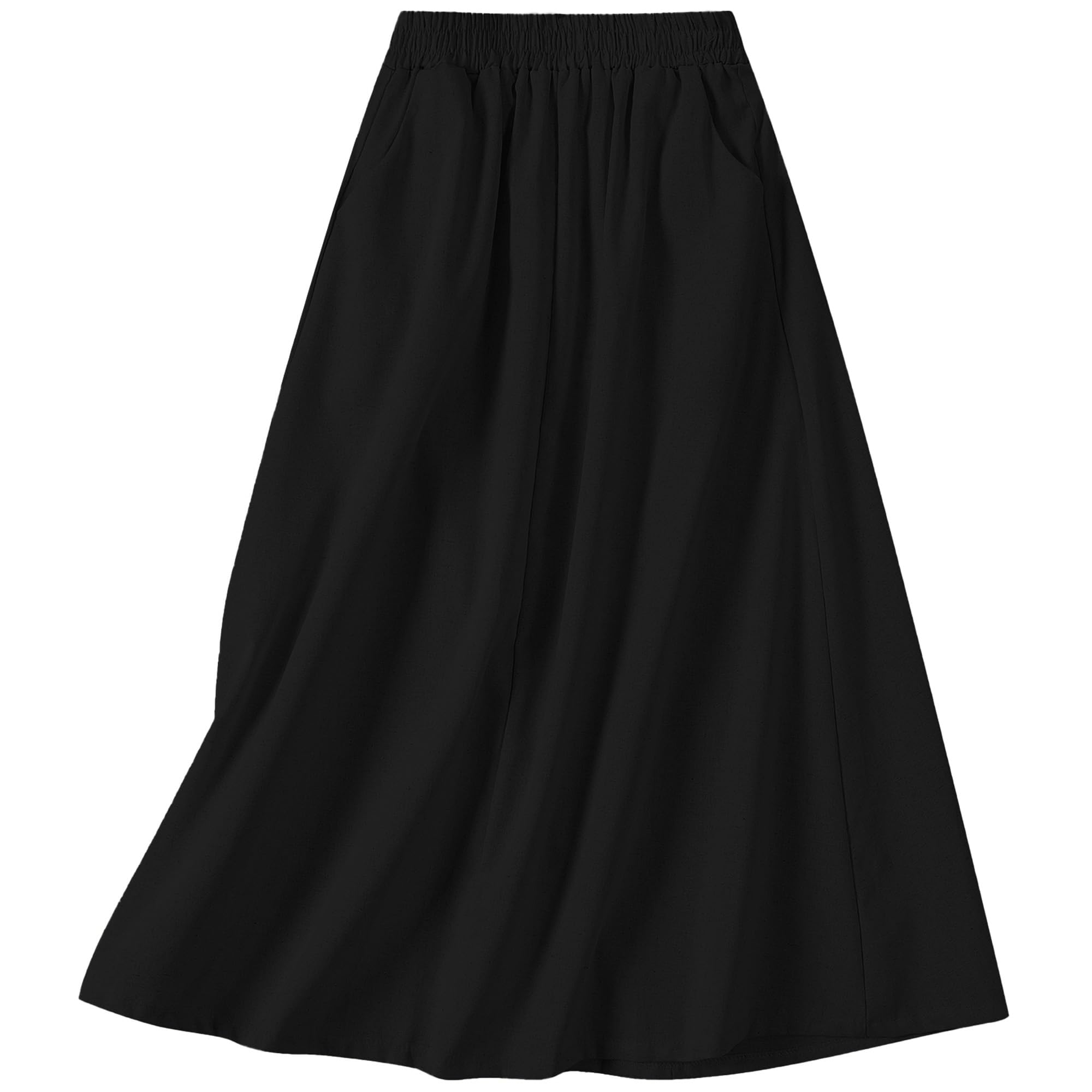 SANGTREE Women's Cotton Linen Midi Skirt with Pockets Casual Flowy Swing Elastic High Waist A-Line Long Boho Skirts