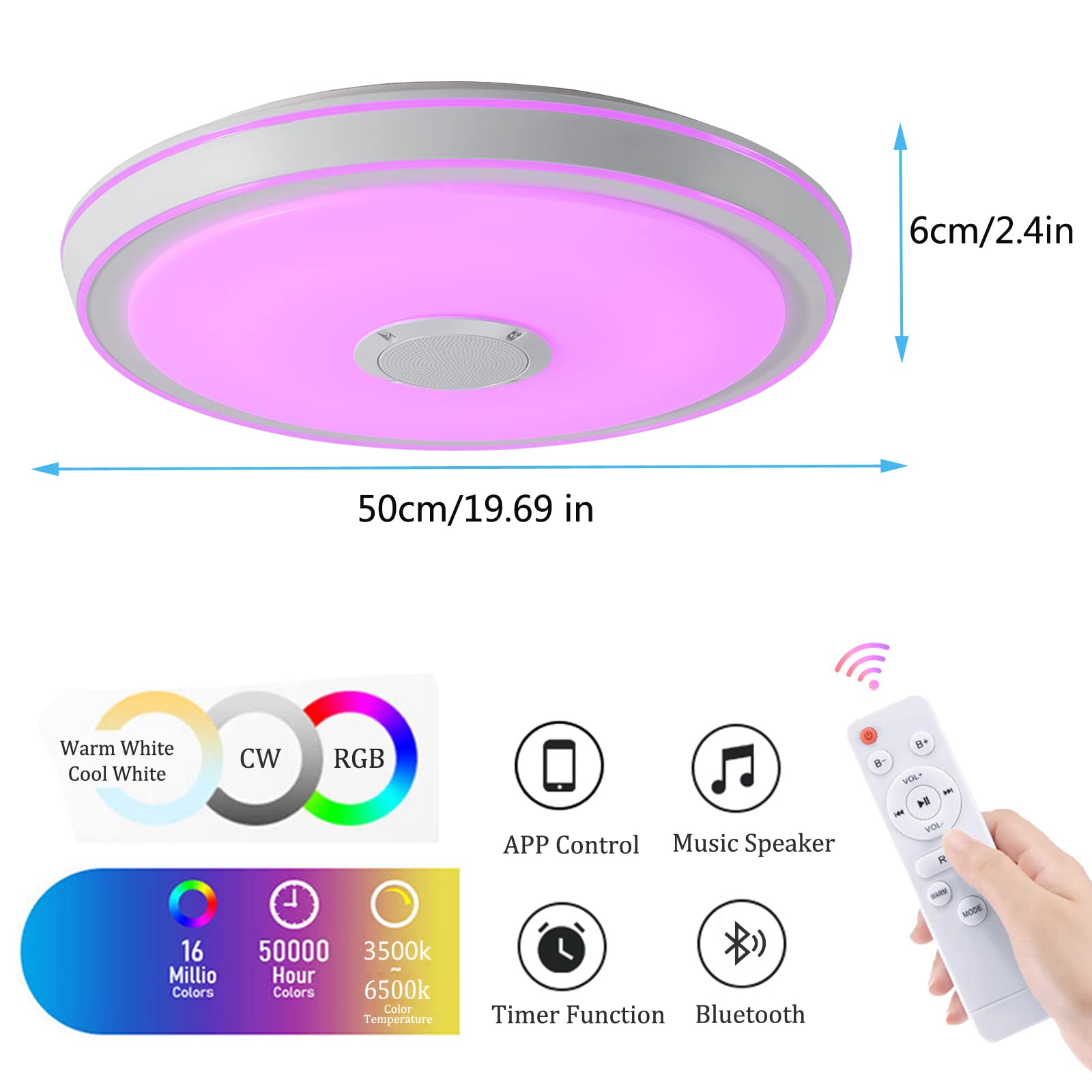 VOMI Plafoniera LED con Altoparlante Plafoniere da Soffitto Dimmerabile RGB Colore Lampada Bluetooth Musica Telecomando Controllo App 50cm Rotonda Bianco Camera Cameretta Bambini Soggiorno Bagno